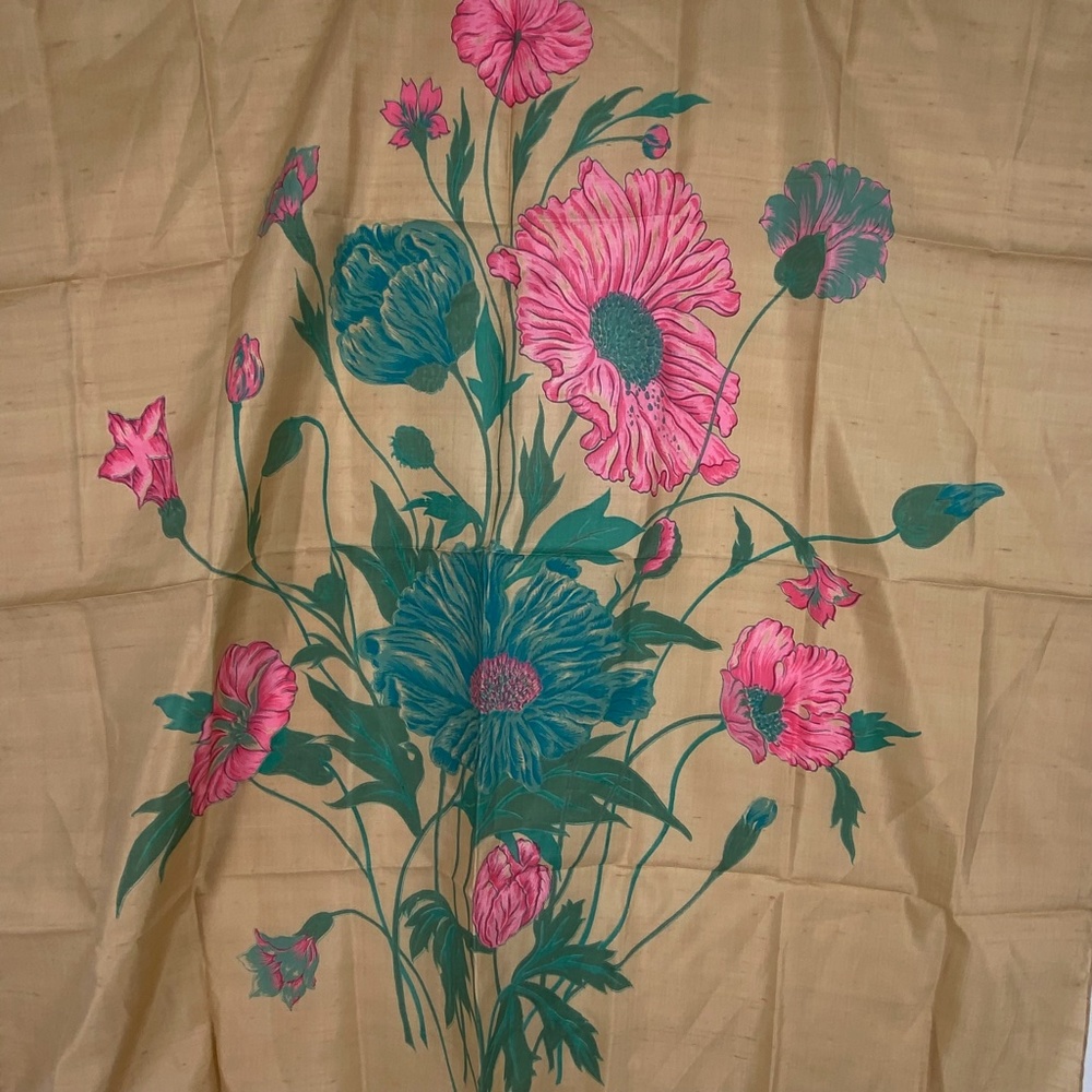 Women's 100% Raw Silk Scarf Beige Pink Blue Floral Print Handmade in Thailand - Picture 4 of 12